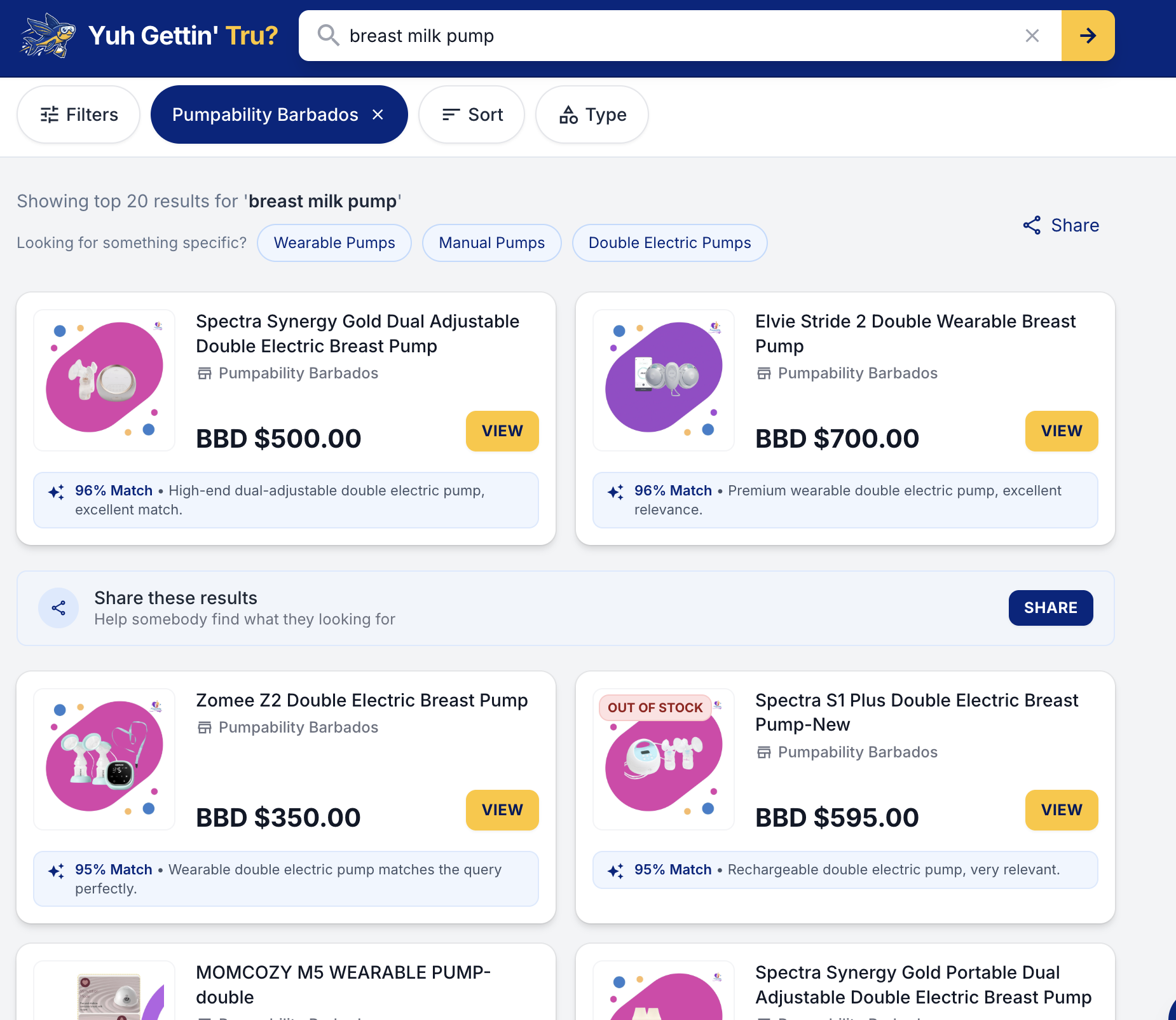 Searching for breastfeeding supplies on Yuh Gettin' Tru